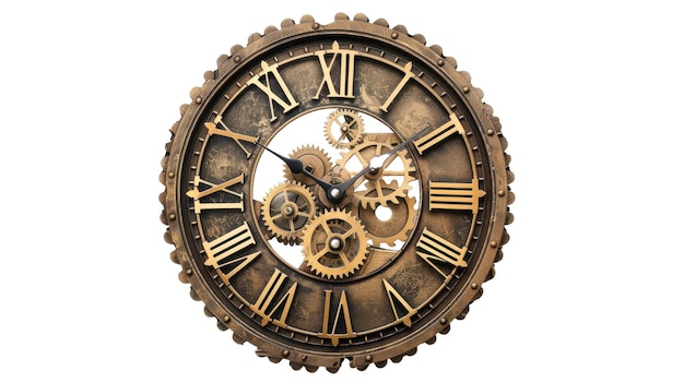 Detailed Mechanical Clock with Exposed Gears on white background