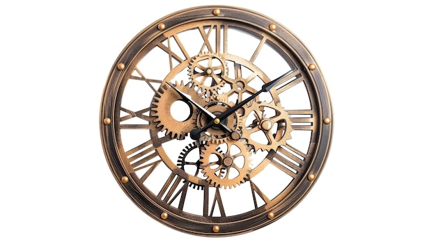 Detailed Mechanical Clock with Exposed Gears on white background