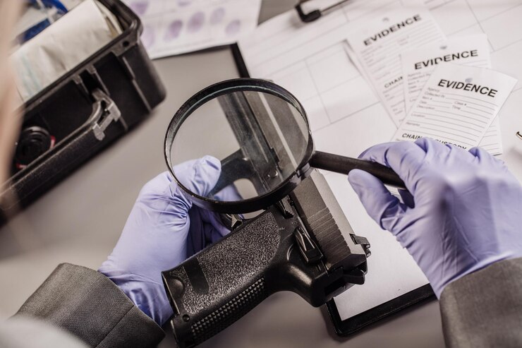 Detective attraverso una lente d'ingrandimento che esamina una prova