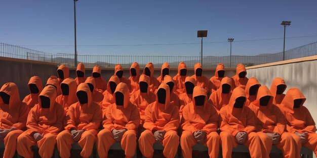 detenuti in un centro penitenziario Gruppo di detenuti irriconoscibili in uniforme arancione in carcere