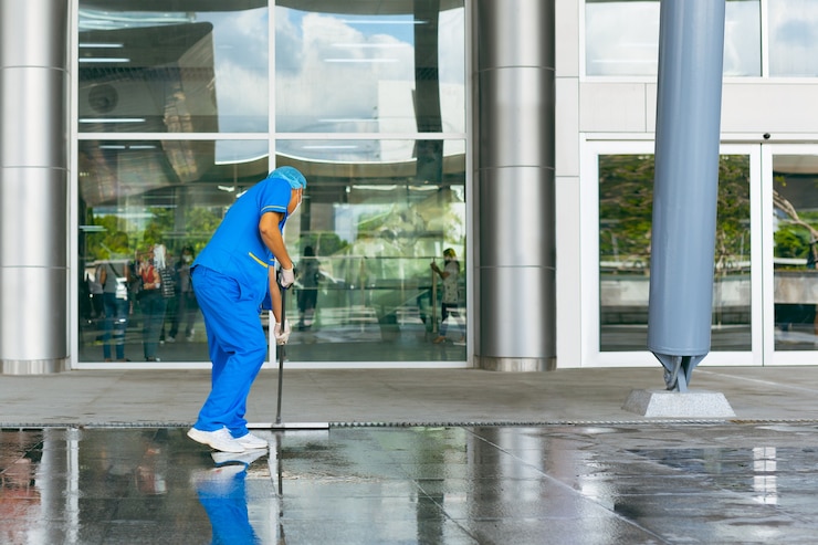 Foto detergente industriale professionale in protezione uniforme per la pulizia del pavimento