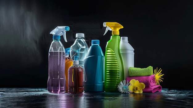 detergenti per la casa rifiuti prodotti di pulizia bottiglia di plastica detergente su sfondo nero