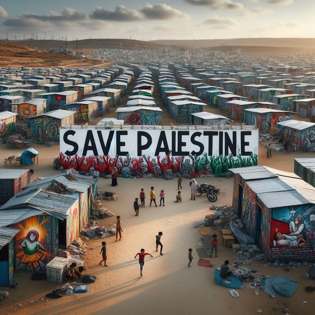 determinazione palpabile raffigurata in una foto documentaria di Save Palestine banner nel campo dei rifugiati