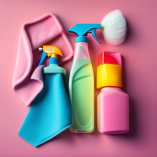 Detersivi accessori per la pulizia guanto in gomma e stracci per lavare le stoviglie su sfondo rosa