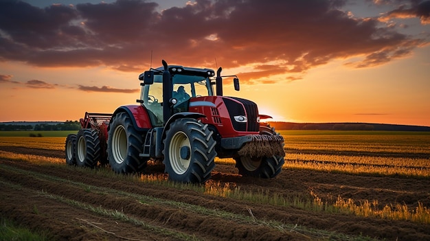 Dettagli dell'agricoltore che lavora nei campi con il trattore su uno sfondo al tramonto Dettagli del settore agricolo IA generativa