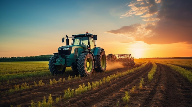 Dettagli dell'agricoltore che lavora nei campi con il trattore su uno sfondo al tramonto Dettagli del settore agricolo IA generativa