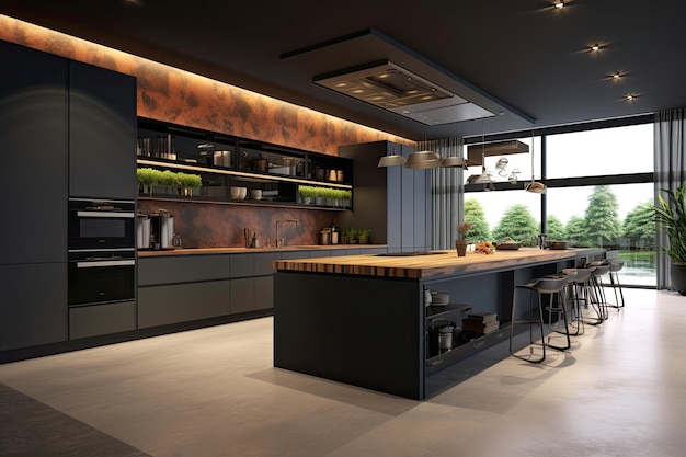 Dettagli della cucina di lusso moderno grande grigio marrone scuro e nero