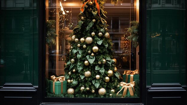 Dettagli delle decorazioni natalizie sulla porta di un negozio cittadino di lusso in stile inglese o su una vetrina per i saldi natalizi e l'ispirazione per l'arredamento del negozio