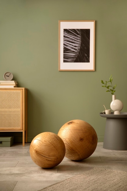 Dettagli eleganti e moderni dell'interno del soggiorno Due enormi sfere di legno Parete verde salvia Modello Copia spazio xD