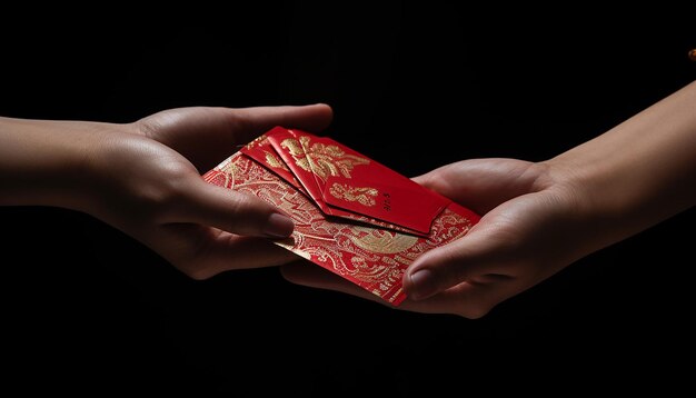 Dettagli intricati di buste rosse conosciute come hongbao che vengono scambiate per il Capodanno cinese