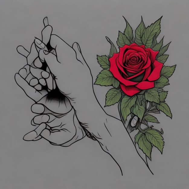 Dettaglio a stencil nero di una mano che tiene una rosa rossa con foglie verdi sul gambo