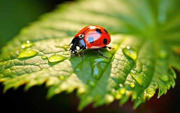 Dettaglio da vicino della coccinella che si poggia su una foglia