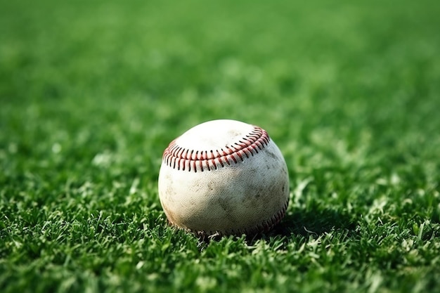 Dettaglio del baseball bianco con cuciture rosse sull'erba sotto la dura luce del sole sfondo sfocato