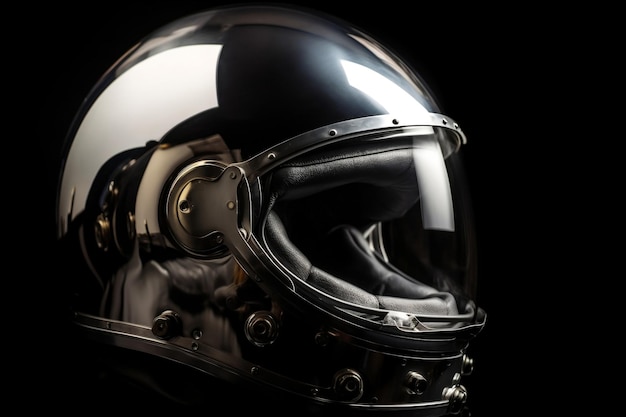 Dettaglio del casco dell'astronauta con vetro lucido e riflessi sulla superficie metallica generativa ai