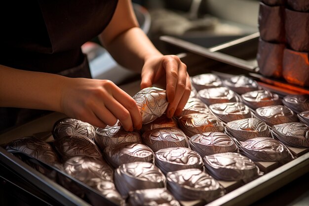 Dettaglio del processo di creazione dei cioccolatini pasquali che mostra cura e dedizione in ogni passaggio