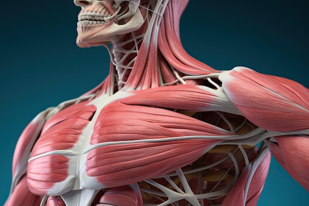 Dettaglio dell'anatomia della spalla umana su sfondo semplice Studio Muscoli Struttura ossea Arterie