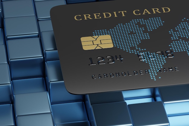 Dettaglio della carta di credito su cubi blu illustrazione 3D
