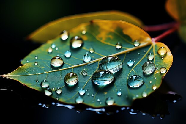 Dettaglio della natura Foglia in decomposizione nell'acqua con goccioline scintillanti Bellezza nel momento fragile Ai generativa