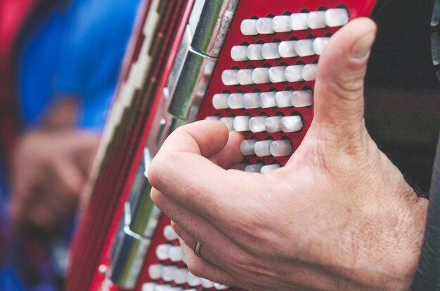 Dettaglio delle dita sui tasti di basso su una fisarmonica in un festival folk