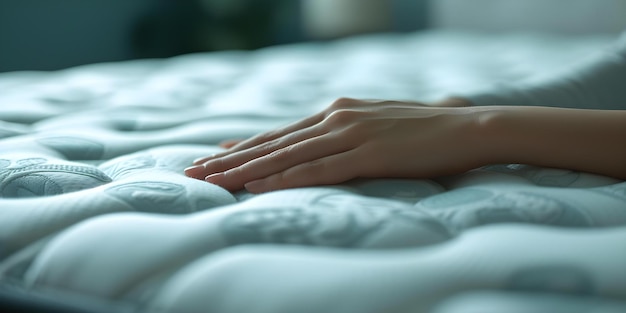 Dettaglio di un appoggio per le mani su un comodo materasso che raffigura il rilassamento e il comfort Concetto Dettaglio dell'appoggio per la mano sul confortevole materasso Rilassamento Comfort