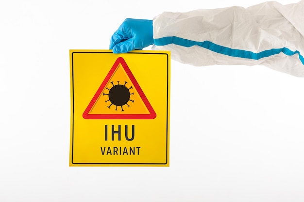 Dettaglio di un braccio di un'infermiera medica che indossa un DPI e guanti in lattice con un cartello giallo con un simbolo di pericolo COVID-19 che recita: "Variante IHU". Coronavirus, pandemia e concetto di salute.