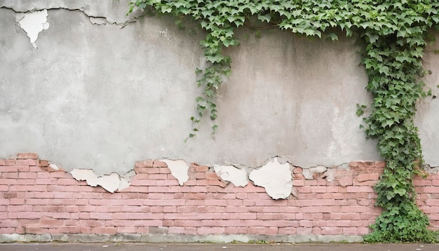 dettaglio di un vecchio muro di cemento di mattoni rotto e danneggiato con albero d'edera verde e spazio di copia vuoto in colori marrone rosa grigio