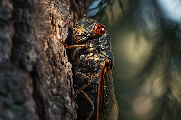 Dettaglio di una cicada aggrappata a un tronco d'albero