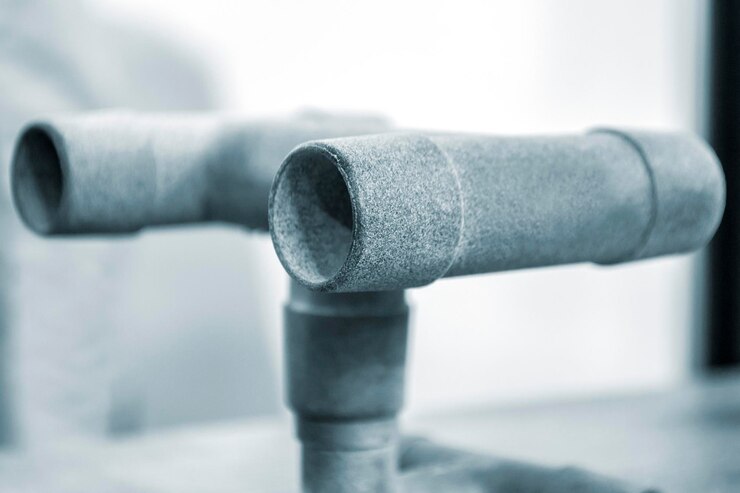 Foto dettaglio oggetto grigio stampato su stampante 3d industriale a polvere tridimensionale