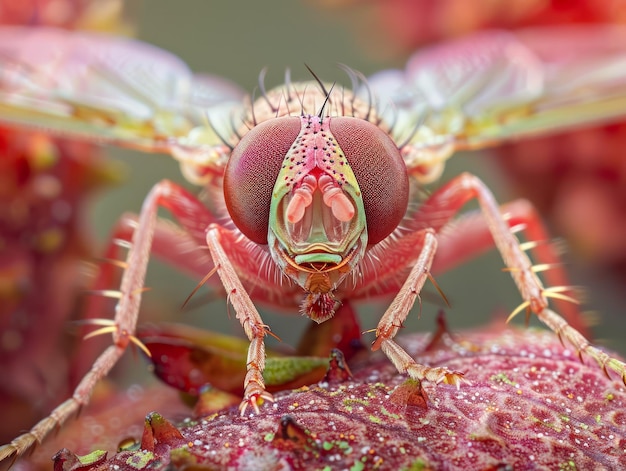 Dettaglio ravvicinato di una mosca della frutta dagli occhi rossi Drosophila appollaiata su materiale vegetale con texture vivide