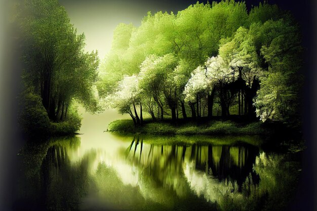 Detto paesaggio verde fiume e alberi IA generativa