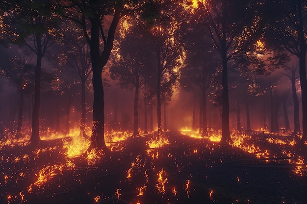 Devastante incendio forestale che inghiotte gli alberi in fiamme, vista aerea