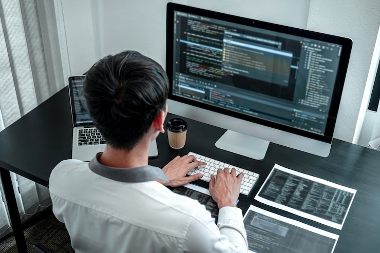 Photo developer programmer working on coding program software computer in office