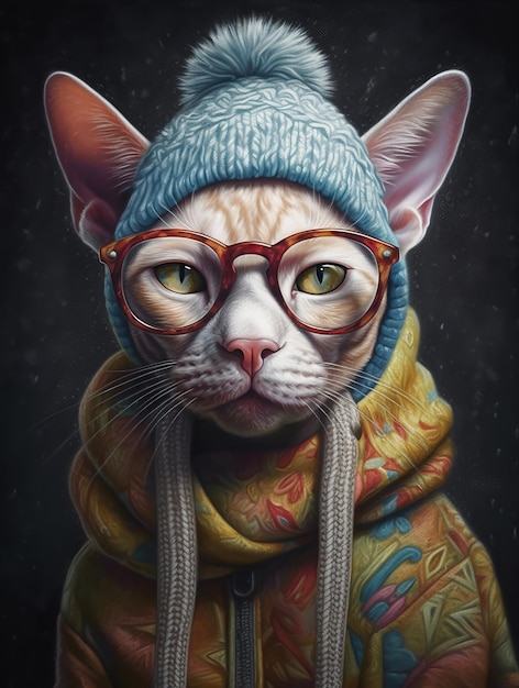 Devon Rex Cat con gli occhiali in abbigliamento invernale e un berretto Generative Ai