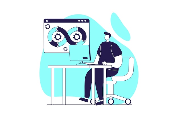 DevOps web concept with flat people for website design Man working with management and code engineering agile workflow cycles organisation job automation integration process Vector illustration