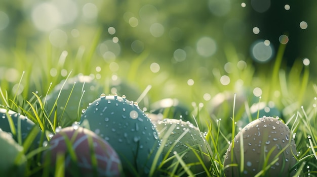 Dewy delizia le uova di Pasqua nel prato mattutino