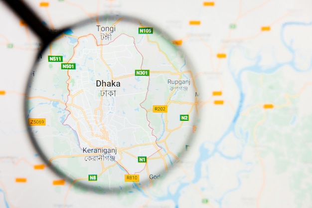 Dhaka, Bangladesh concetto di visualizzazione della città sullo schermo attraverso la lente di ingrandimento