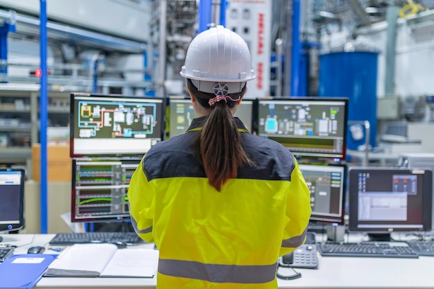Di dalam Pabrik Industri besar, Insinyur Komputer Wanita Bekerja di Komputer Pribadi. Dia membuat kode program untuk mengontrol mesin. Orang Thailand bekerja dengan empat monitor. Programmer bekerja dengan serius