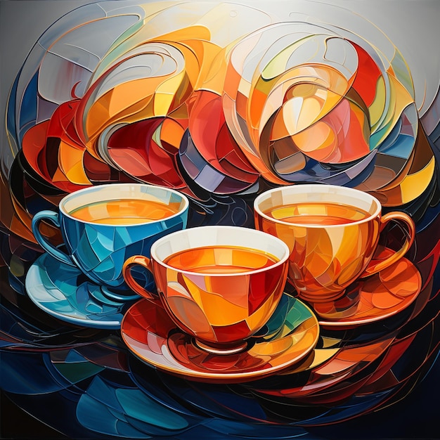 di dipingere tre tazze di tè su un piatto con un ai generativo del piatto.