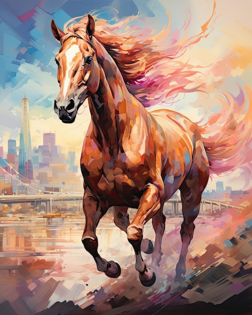 Di fronte a un paesaggio urbano un cavallo con la testa girata dipinge AI generativa