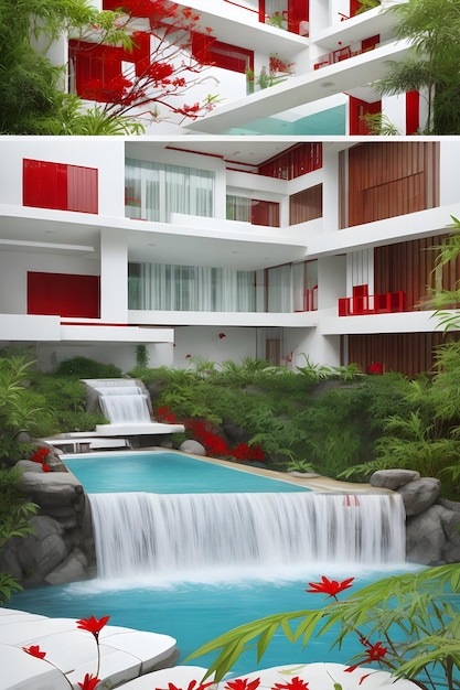 Di lato uno splendido edificio colorato con gocce d'acqua bianche e rosse e una bellissima piscina e fiori