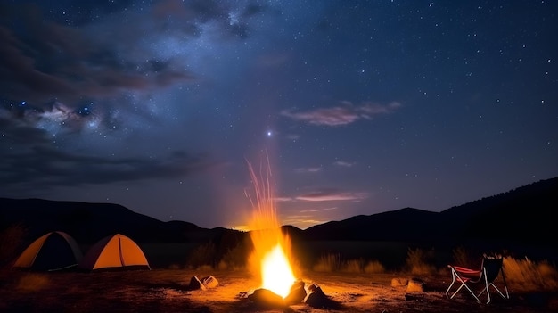 Di notte si accende un falò con le stelle sullo sfondo.