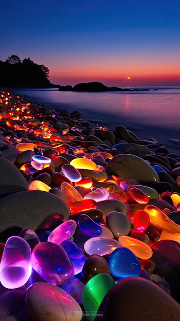 Di notte sulla spiaggia si trovano ciottoli impilati colorati al neon trasparenti e luminosi