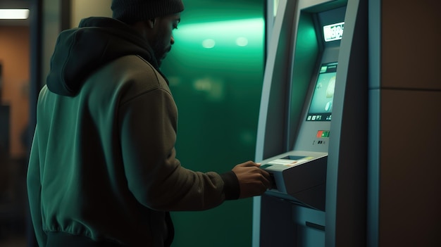 Di notte, un uomo di mezza età sta davanti a un bancomat con una carta e compone un codice PIN