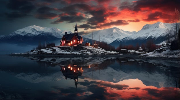 di notte una chiesa sulla riva di un lago in montagna