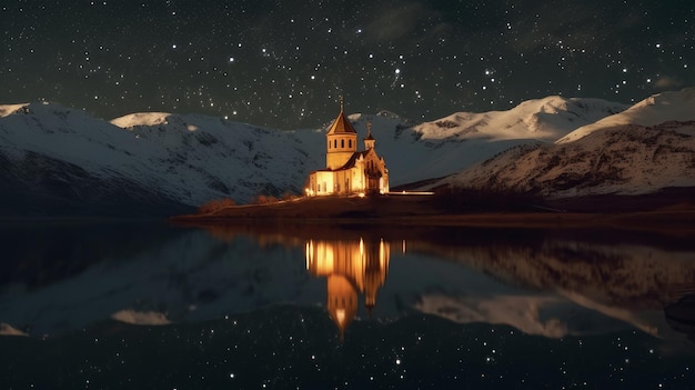 di notte una chiesa sulla riva di un lago in montagna