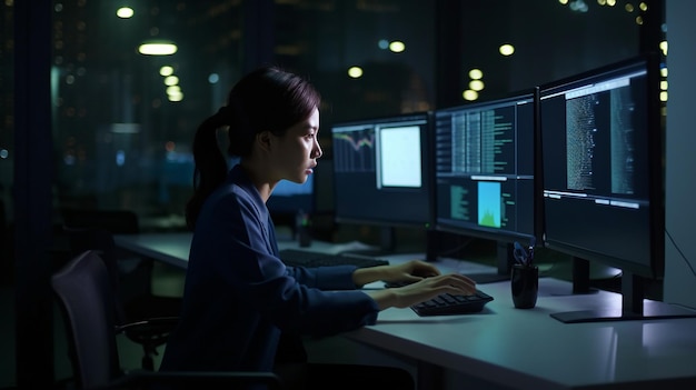 Di notte una programmatrice asiatica siede alla sua postazione di lavoro in un ufficio commerciale, programmando e utilizzando molti display per lavorare sull'IA generativa