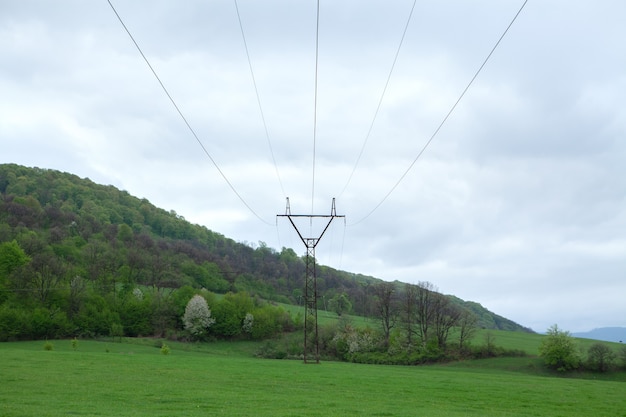 Di sera prati verdi e torri elettriche ad alta tensione