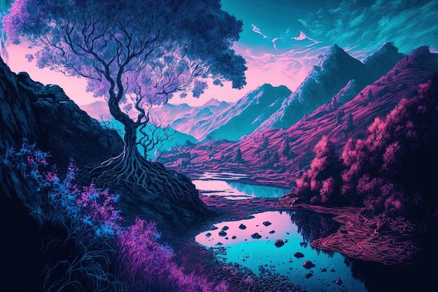 Di un paesaggio dai toni viola e blu visto in natura