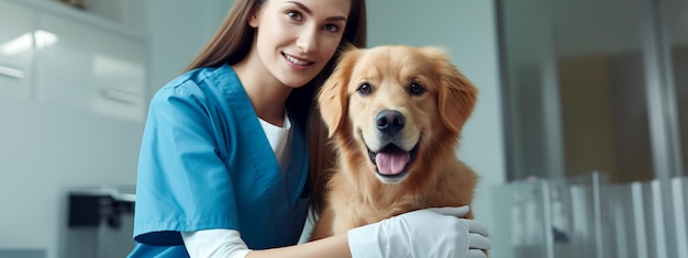 di un veterinario con uno stetoscopio che tiene un cucciolo carino in una clinica veterinaria