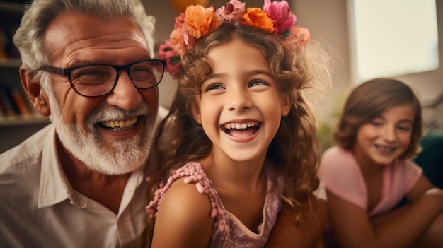 di una bambina che si diverte digitalmente con i suoi nonni a casa